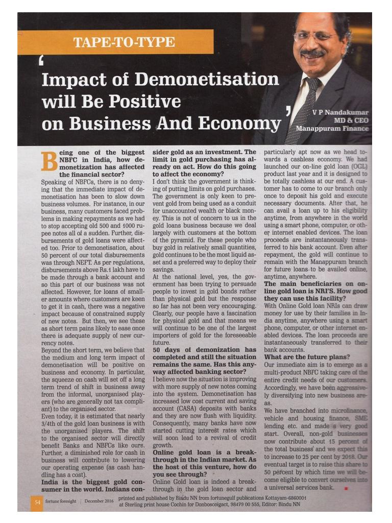 "Impact of demonetisation will be positive on business and economy" – Mr. V. P. Nandakumar, MD & CEO, Manappuram Finance Limited image